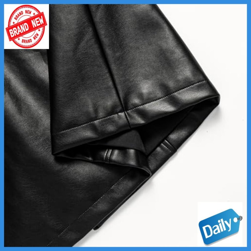 Long Faux Leather Trench Coat With Belt Motorcycle Biker Style Overcoat - Picture 6 of 7